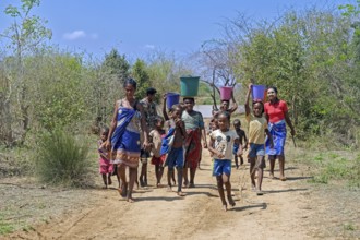 Malagasy women and children with buckets of water on their heads walking from river back to village