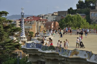 Undulating benches on the viewing platform of Parc Güell, by architect Antoni Gaudí, UNESCO World