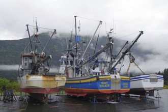 Commercial fishing boats lying on dry land, Autumn, Valdez, Richardson Highway, Alaska, USA, North