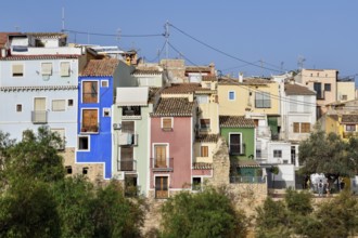 Colourful house facades, La Vila Joiosa, Villajoiosa, Costa Blanca, Valencian Country, Spain,