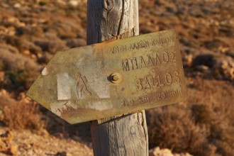 Morning Light, Wall Sign BALLOS Wooden Post, Gramvoussa Peninsula, Pirate Bay, Balos, Tigani, West