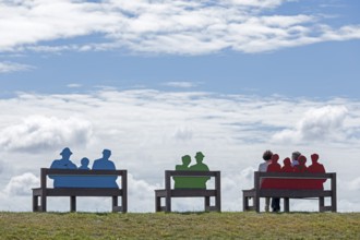 Benches with human dummies, Büsum, Schleswig-Holstein, Germany, Europe