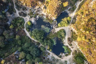 Top Down over Haytor Quarry from a drone, Haytor Rocks, Dartmoor Park, Devon, England, United