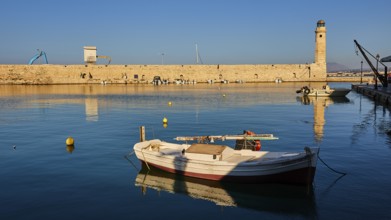 Morning light, sunrise, Venetian harbour, boat, harbour wall, Venetian lighthouse, reflection, blue