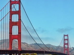 Orange suspension bridge pylon, Golden Gate Bridge, San Francisco, California, USA, North America