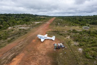 Aerial of a DC3 on a landing strip in, San Felipe, Colombia, South America