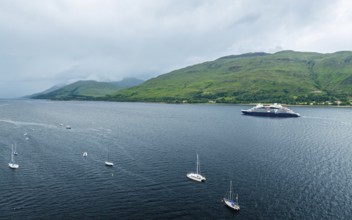 Luxury yacht and boats from a drone, Fort William, River Lochy, Lochaber, West Highlands, Scotland,