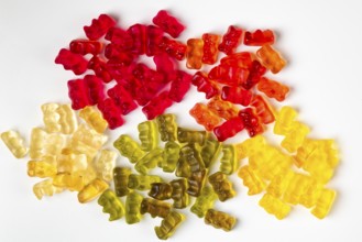 Gummy bears sorted by colour, from above, white background