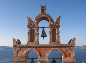 Old belfry wiith view of blue sea, Ia, Oia, Santorini, Greece, Europe