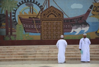 Omani men in Ruwi, Clock Tower Park, Tile painting, Oman, Asia