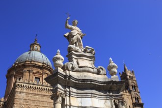 City of Palermo, the Cathedral Maria Santissima Assunta, in front of it the statue of Santa