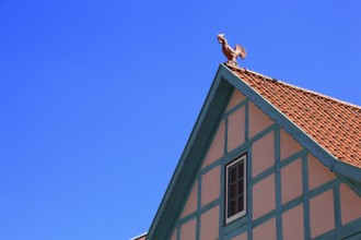 Ummerstadt in the district of Hildburghausen, red cock as ridge turret on a half-timbered house on