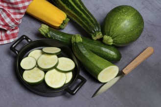 Various courgettes (Cucurbita pepo), courgette convar. giromontiina