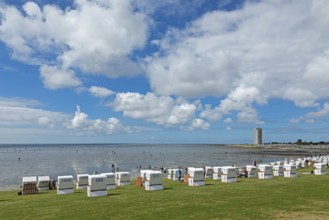 Beach chairs, green beach, high-rise building, Büsum, Schleswig-Holstein, Germany, Europe