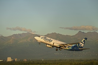 Against the backdrop of the Chugach Mountains and the houses of Anchorage, an Alaska Airlines cargo