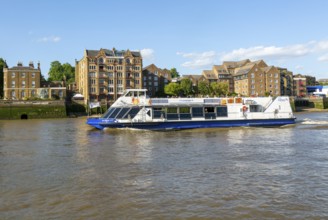 Sightseeing boat tour on River Thames, City Cruises by Hornblower, London, England, UK passing