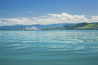 Course ship with Swiss flag on the turquoise waters of Lake Constance in front of the Austrian Alps