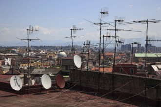 View of the antennas of the city of Naples, Campania, Italy, from the hill of Vomero, Europe