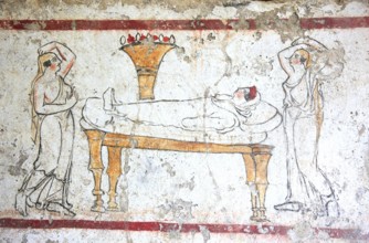 Tomb painting from a chamber tomb from ca 480 B. C. Lucanian period, in the Museum of Paestum,