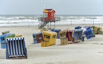 Empty beach chairs on a windy day on the beach of Langeoog, East Frisian Islands, Lower Saxony,