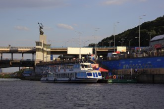 Boat landing stage on the Dnieper River and excursion boats, Kiev, Ukraine, Europe