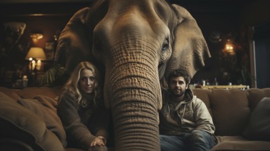 A young couple sitting uncomfortably on the couch together ignoring the elephant in the room.