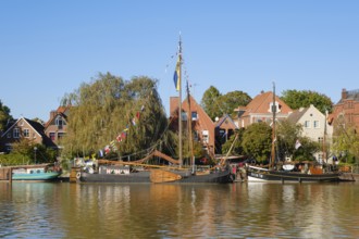 Museum ships on the Leda river, harbour, Leer, East Frisia, Lower Saxony, Germany, Europe