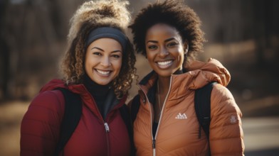 Happy african american female friends enjoying a healthy run in the park together. generative AI