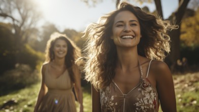 Happy Mixed-race female friends enjoying a healthy run in the park together. generative AI