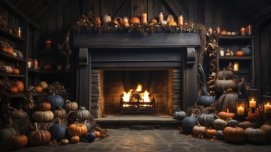 Fall and halloween decorated cozy fireplace interior setting, generative AI