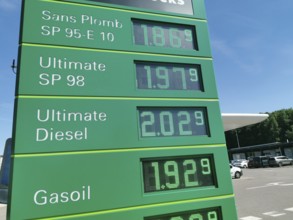 Petrol price, price board for petrol and diesel at a motorway filling station of the mineral oil