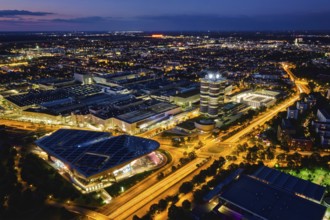 MUNICH, GERMANY, JULY 08, 2018: Aerial view of BMW Museum and BWM Welt and factory and Munich from