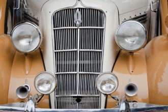 CHENNAI, INDIA, JULY 24: Car grill and headlamps of Plymouth PJ 1935 (retro vintage car) on