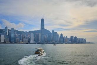 HONG KONG, CHINA, MAY 1, 2018: Hong Kong skyline cityscape downtown skyscrapers over Victoria