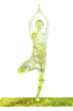 Nature harmony healthy lifestyle concept, double exposure image of woman doing yoga Tree pose asana