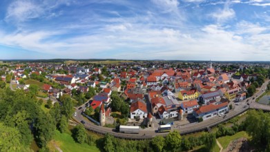 Aerial view, village centre, Abensberg, Lower Bavaria, Hallertau, also Holledau or Hollerdau,