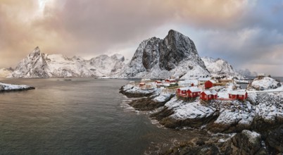 Panorama of famous tourist attraction Hamnoy fishing village on Lofoten Islands, Norway with red