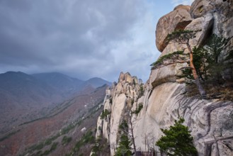 View of stone and rock formations from Ulsanbawi rock peak in stormy weather. Seoraksan National