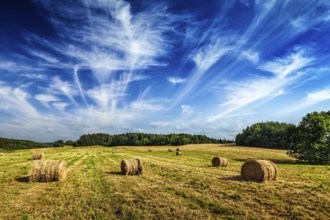 Agriculture background, Hay bales on field in summer