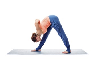 Woman doing Ashtanga Vinyasa Yoga asana Parsvottanasana, intense side stretch pose isolated on