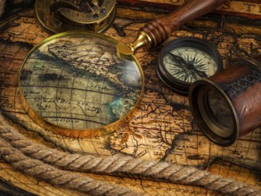 Travel geography navigation concept background, old vintage retro compass with sundial, spyglass