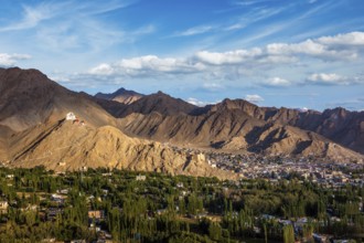 View of Leh town with Namgyal Tsemo gompa (Tibetan Buddhist monastery) and ruins of Namgyal Tsemo