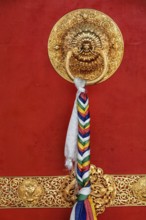 Lion shaped door handle in Buddhist temple. Kaza Monastery, Kaza, Spiti Valley, Himachal Pradesh,