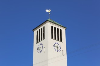 Protestant St. Andrew's Church, steeple, clock, weathercock, sacred building, architecture, Eningen