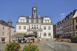 Street pub Ratskeller at the market place with water games, Schwarzenberg, Westerzgebirge,