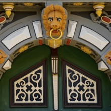 Portal Detail with Colourful Wood Carving on Münden Town Hall, Weser Renaissance, Hann. Münden or