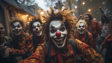 Several teenagers dressed up as clowns for halloween walking down the sidewalk together, generative