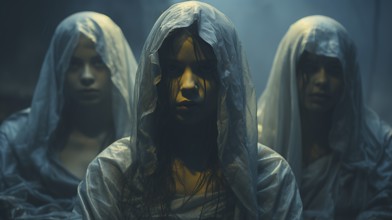 Three mysterious teenage girls wearing silk sheets over their heads, generative AI