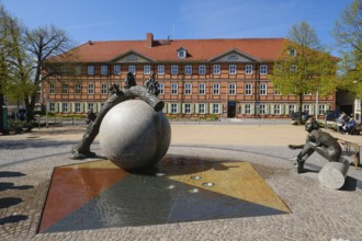 Fountain at Nicolaiplatz, police station in the back, Wernigerode, Harz, Saxony-Anhalt, Germany,