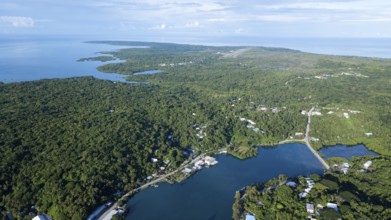 Bird's eye view of southern part of Yap Island, in the centre of the picture on the horizon runway